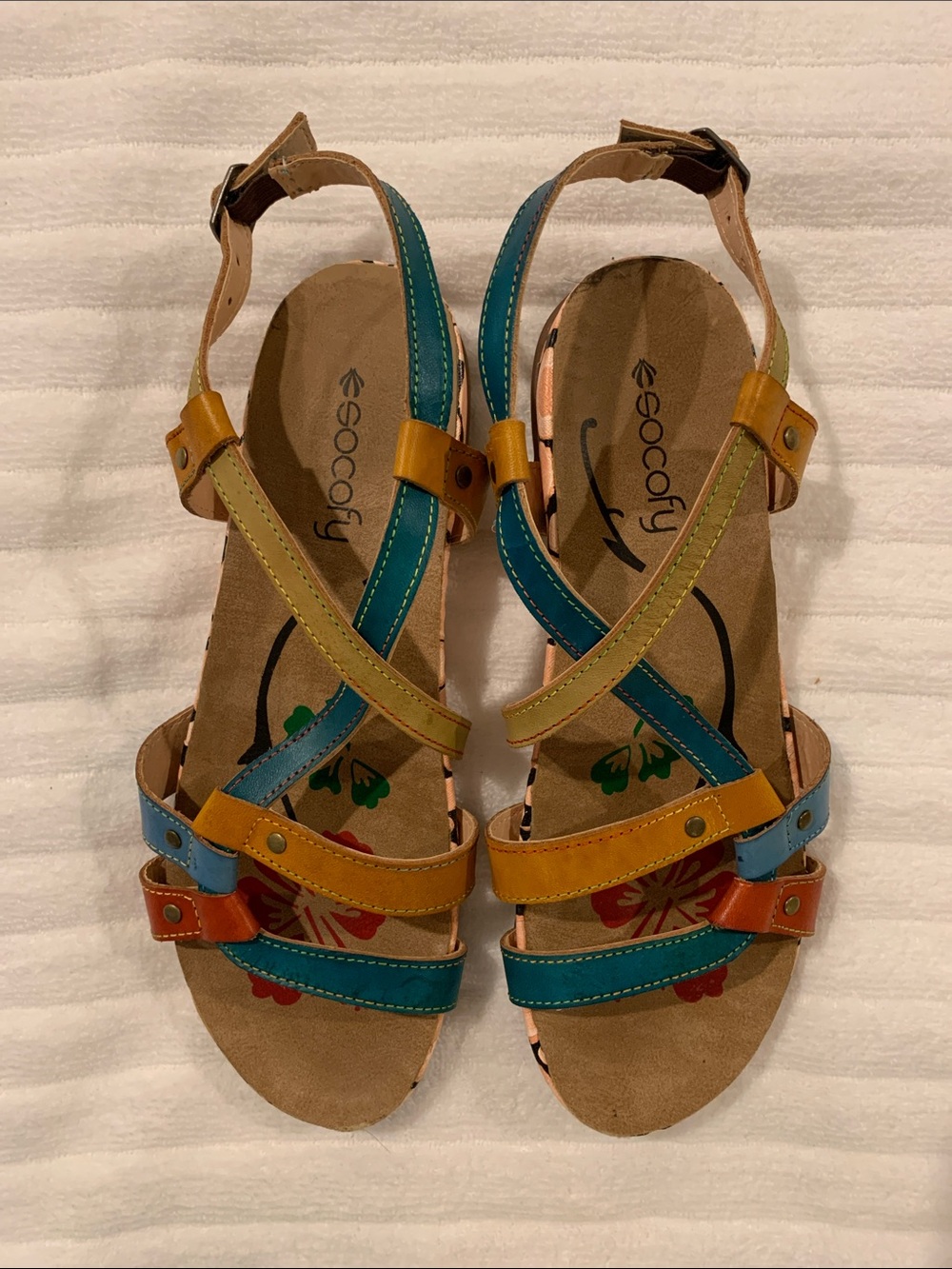 NWOB Socofy-Multicolor Leather Strappy Sandal - Teal, Mustard, Olive, Orange SZ9